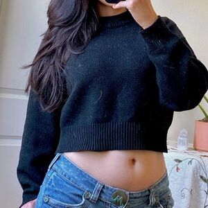 Marled Black Cropped Crewneck Sweater
